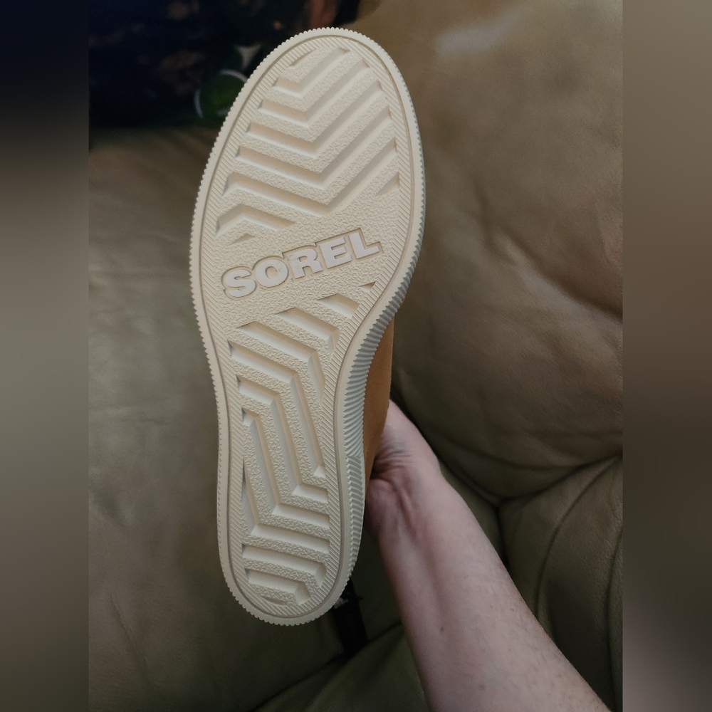 Sorel Tan Suede Wedge Booties with Cream Shearling Trim - Picture 4 of 5